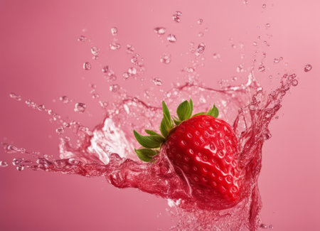Strawberry in splashes of water on a pink background.の素材