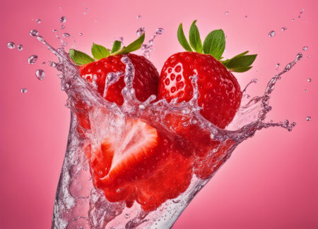 Strawberries in a glass of water with splash on pink backgroundの素材