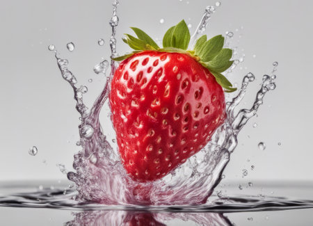 Strawberry splashing in water, isolated on white background.の素材