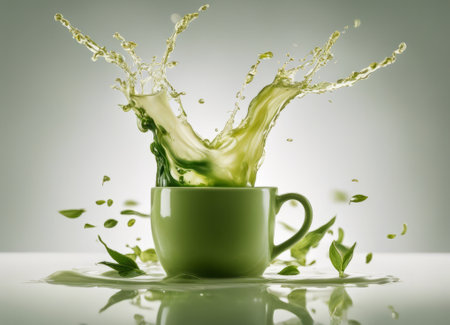 cup of green tea with splashes and drops on a gray backgroundの素材