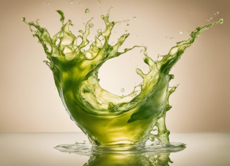 green juice splashing on a glass table with a beige backgroundの素材