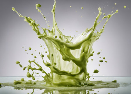 green paint splashing on a glass table, isolated on gray backgroundの素材