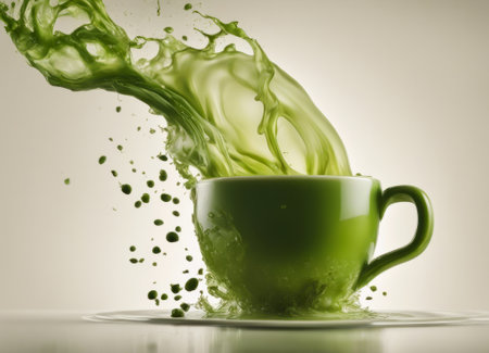 Cup of coffee with splashes of green liquid on white backgroundの素材