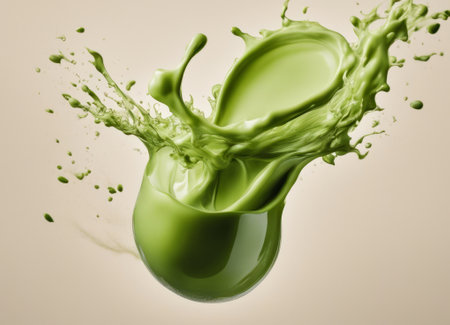 green paint splashing isolated on a white background. studio shot.の素材