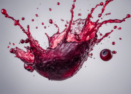 Splash of red wine with berries, isolated on white background.の素材