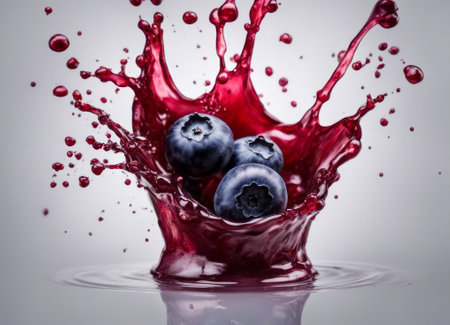 Blueberry and blueberry splashing into a glass of red juiceの素材