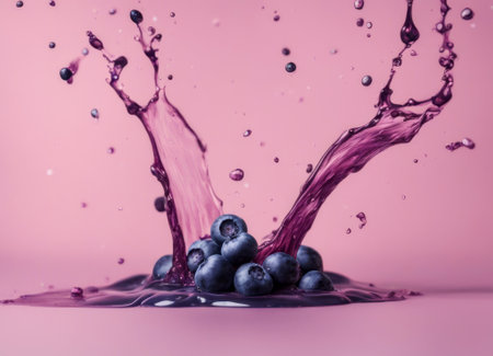 Blueberries splashing into a glass of juice, isolated on pink backgroundの素材