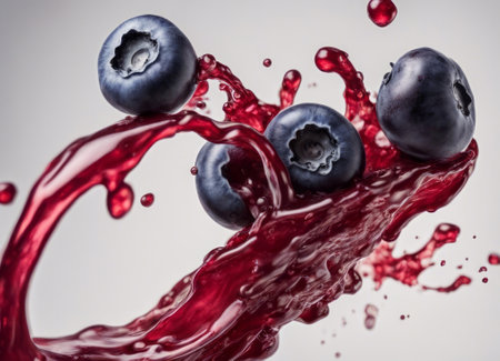 Blueberry fruit splashing into a glass of juice with drops.の素材
