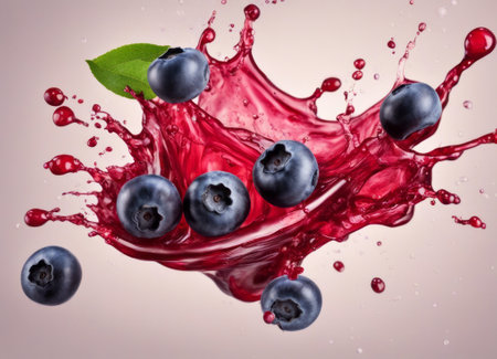 Blueberry juice splash with fresh berries on a light background. 3d renderingの素材