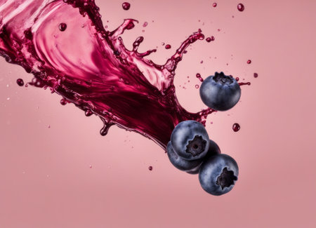 Blueberry juice splash with fruits and berries, isolated on pink backgroundの素材
