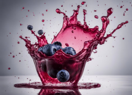 Blueberries in a glass of water with a splash on a white backgroundの素材