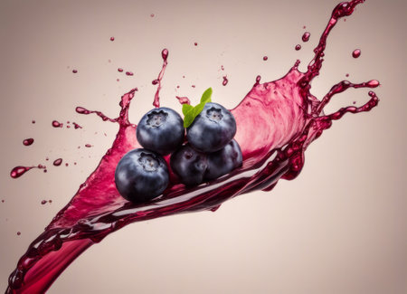 Blueberries splashing into a glass of juice with a splash on a light backgroundの素材