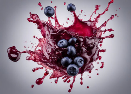 blueberry juice splashing out of a glass on a gray backgroundの素材