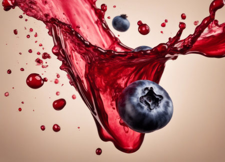 Blueberries and red juice splashing out of a glass, food backgroundの素材