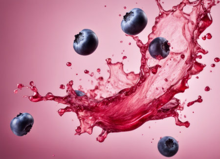 Blueberry juice splashing out of glass, isolated on pink backgroundの素材