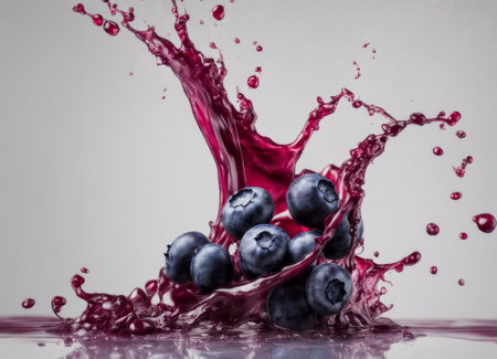Blueberry fruit splashing into a glass of juice on white backgroundの素材
