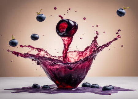 Fruit splashing into a glass of blueberry and cherry juiceの素材