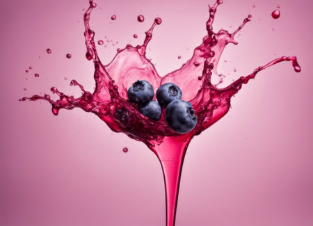 Blueberry splashing into a glass of water, isolated on pink backgroundの素材