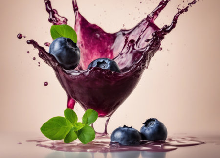 Splash of blueberry juice with fresh berries on a light backgroundの素材