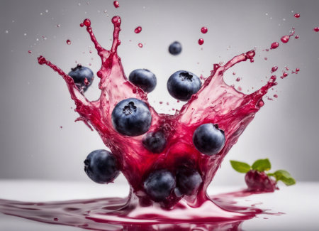 Blueberry fruit splashing into a glass of juice with a splashの素材