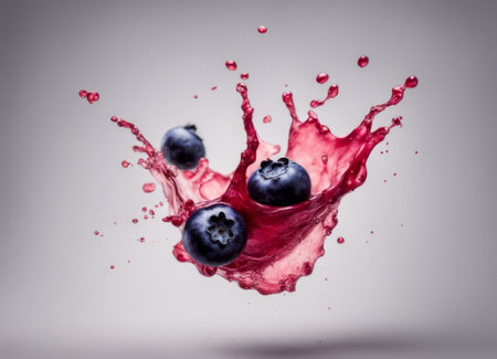 Blueberries splashing into a glass of juice, isolated on white backgroundの素材