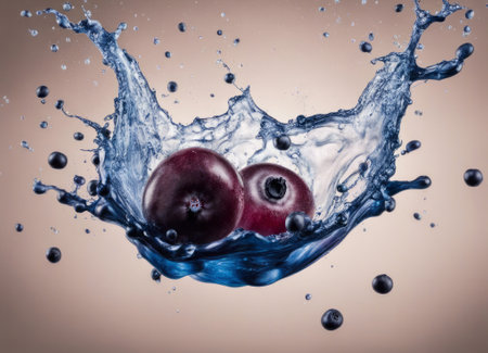 Blueberry fruit in juice with splash on pink background. Top view.の素材