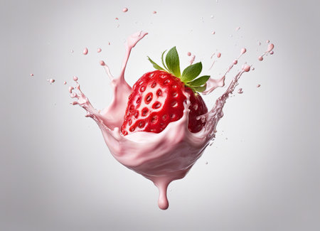 Strawberry with milk splash on white background, close-upの素材