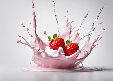 Strawberries with milk splash on white background. 3d renderingの素材