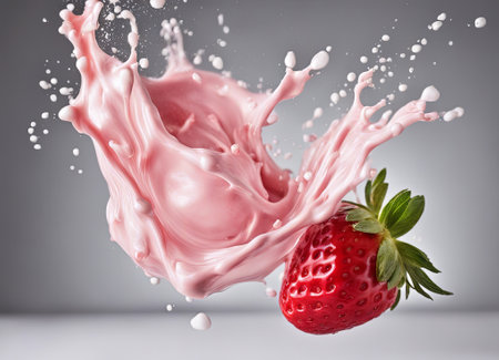 Strawberry and milk splash on grey background. 3d renderingの素材