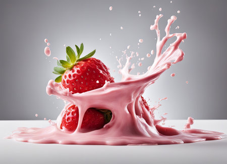 strawberry with milk splash on grey background. 3d renderingの素材