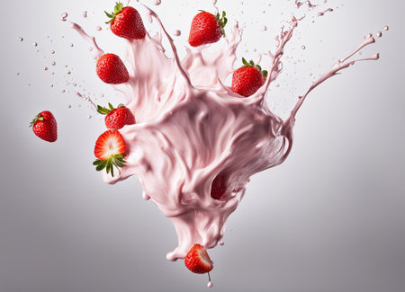 strawberry milk splash on a gray background. 3d renderingの素材
