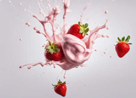 strawberry with milk splash isolated on white background, food and drinkの素材