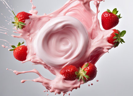 strawberry yogurt splash isolated on white background. 3d renderingの素材
