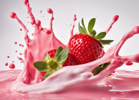 strawberry and milk splash isolated on white background, close upの素材