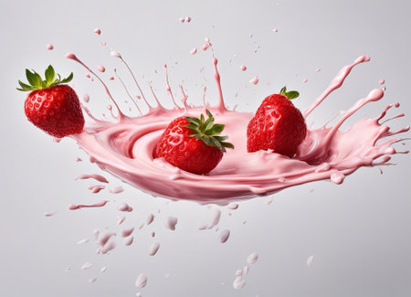 strawberry splashing into milk, isolated on white background.の素材