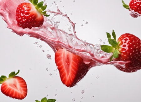 Strawberries falling into the water with a splash on a white backgroundの素材