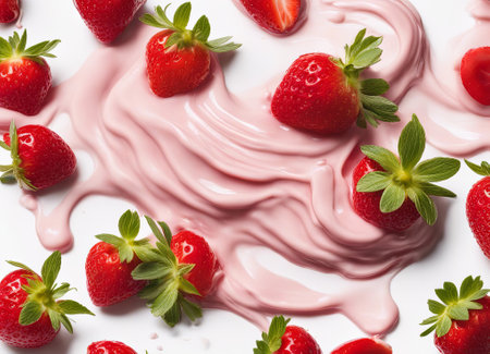 strawberry with cream on a white background, close-upの素材