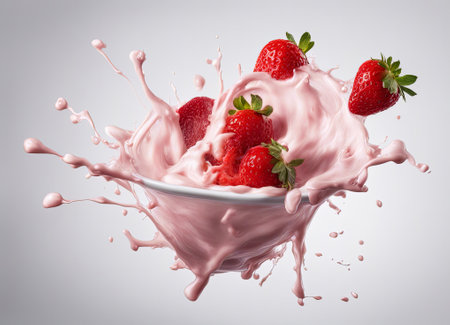 Strawberry in a bowl with milk splash on a white backgroundの素材