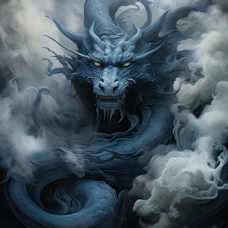Fantasy dragon with smoke on dark background. 3D illustration.の素材