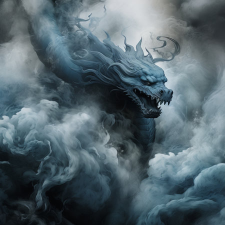 3D illustration of a dragon in the smoke. Fantasy and fantasy.の素材
