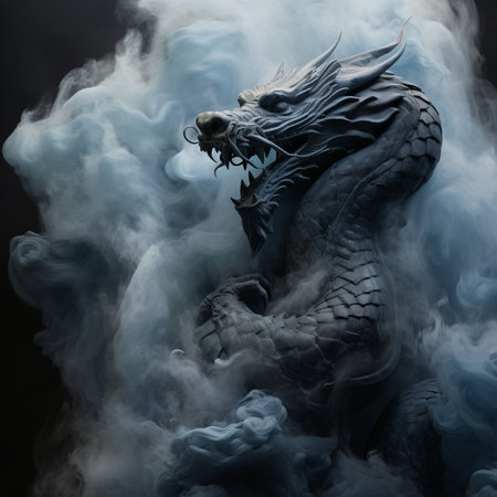 Dragon head with smoke on a black background. 3d illustration.の素材