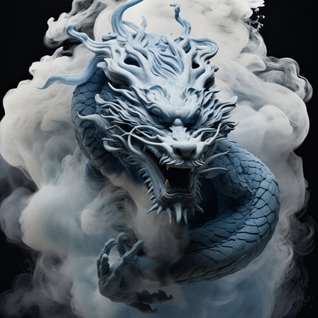 Blue dragon with smoke on a black background. 3d rendering.の素材