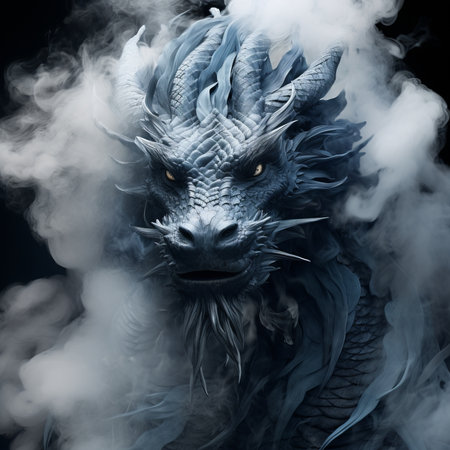 Fantasy dragon in a smoke on a black background. 3d renderingの素材