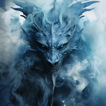 3D Illustration of a fantasy dragon with smoke coming out of the eyesの素材