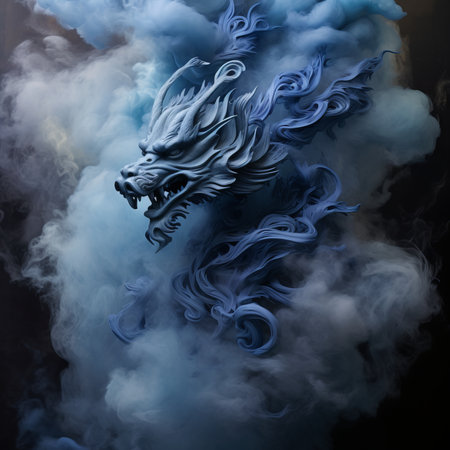 Dragon in the clouds of blue smoke on a black background. 3d illustrationの素材