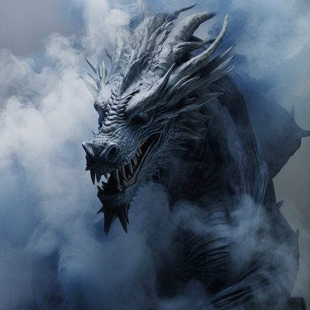 Dragon head with smoke on a dark background. 3d illustration.の素材