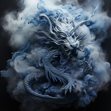 Blue dragon with smoke on black background. Fantasy dragon. Fantasy dragon.の素材
