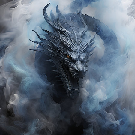Dragon head with smoke on black background. 3D illustration. Fantasy.の素材