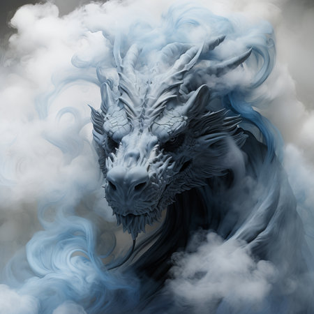3D rendering of a fantasy dragon in a cloud of smoke.の素材