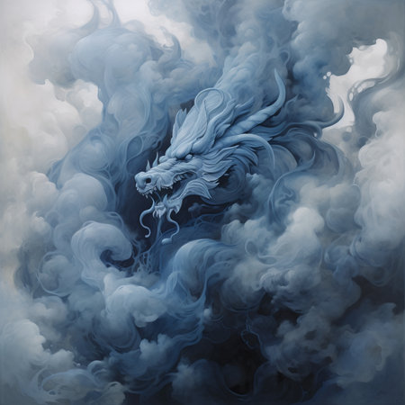 Dragon in the smoke. Blue dragon on a white background. Fantasy dragon.の素材